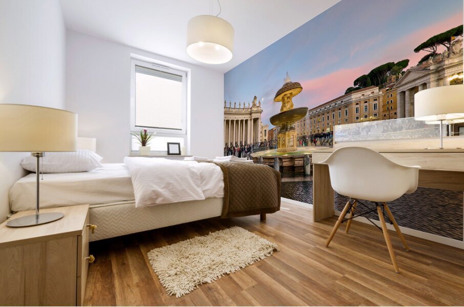 Rome Lazio Italy. Saint Peters Square at dusk. The fountain by Bernini Mural print