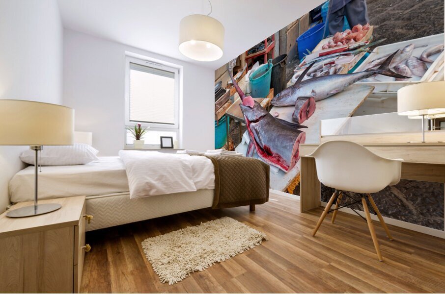 Piscaria the street daily market in Catania Sicily Italy. Fresh fish meat vegetables Mural print