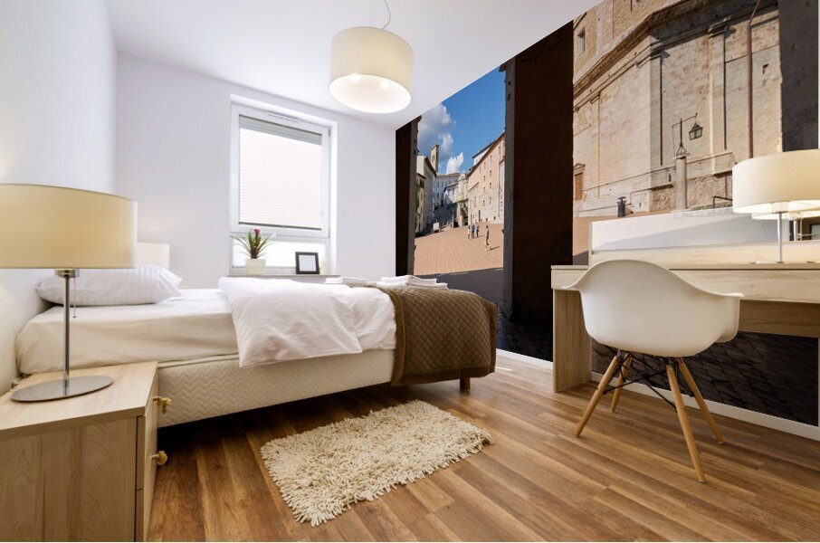 Spoleto Umbria Italy. Piazza del Duomo the theatre and Chiesa di SantEufemia Mural print