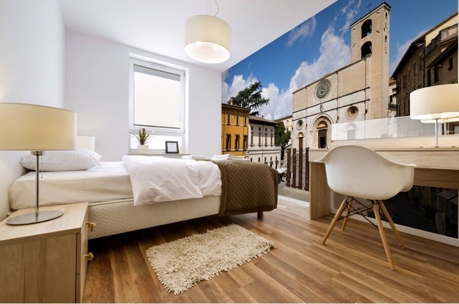 Todi Umbria Italy. Concattedrale della Santissima Annunziata. Cathedral. Piazza del Popolo. The statue Quattro Stele by Arnaldo Pomodoro Mural print