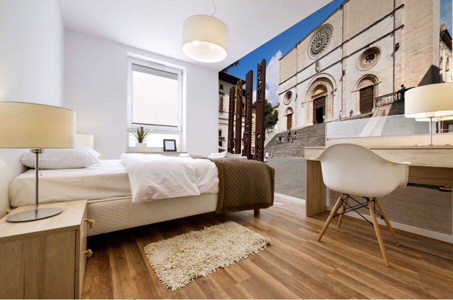 Todi Umbria Italy. Concattedrale della Santissima Annunziata. Cathedral. Piazza del Popolo. The statue Quattro Stele by Arnaldo Pomodoro Mural print