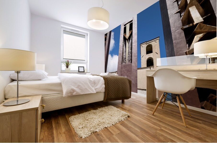 Todi Umbria Italy. Concattedrale della Santissima Annunziata. Cathedral. Piazza del Popolo. The statue Quattro Stele by Arnaldo Pomodoro Mural print