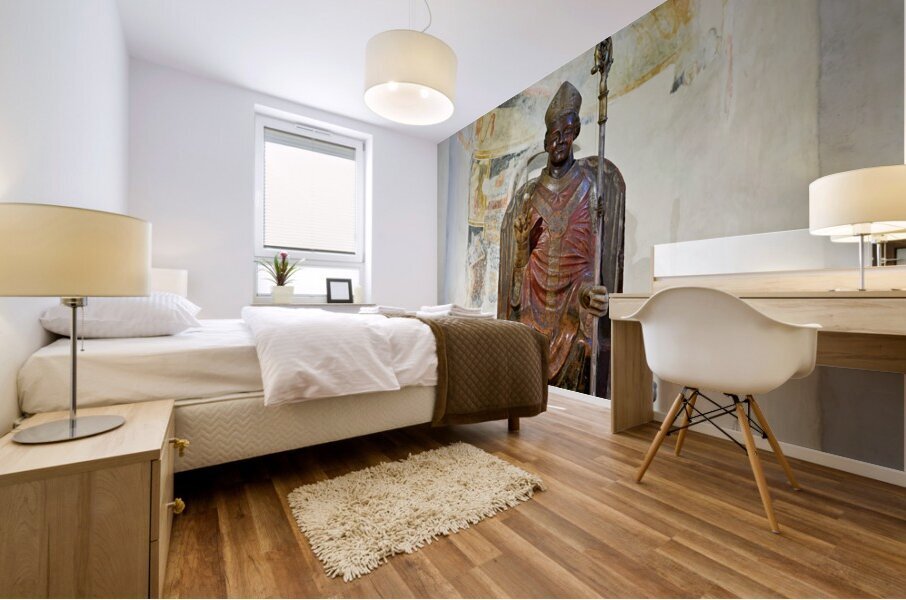 Verona Veneto Italy. The Basilica of San Zeno. The statue of smiling San Zeno Mural print