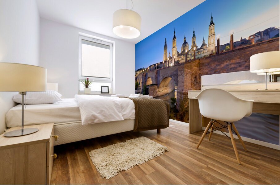 Zaragoza. Saragossa. Aragon. Spain. Cathedral Basilica of Our Lady of the Pillar and river Ebro at sunset Mural print