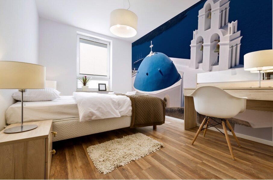 Santorinis iconic blue dome church and caldera seascape. Mural print