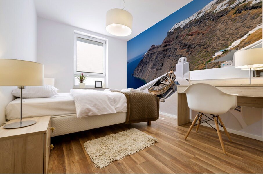 Santorini: Old boat white village and caldera view. Mural print