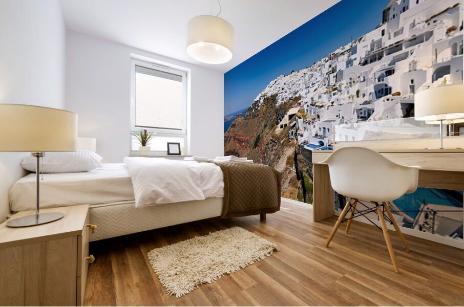 Santorini: White cliffside village blue sea clear sky. Mural print