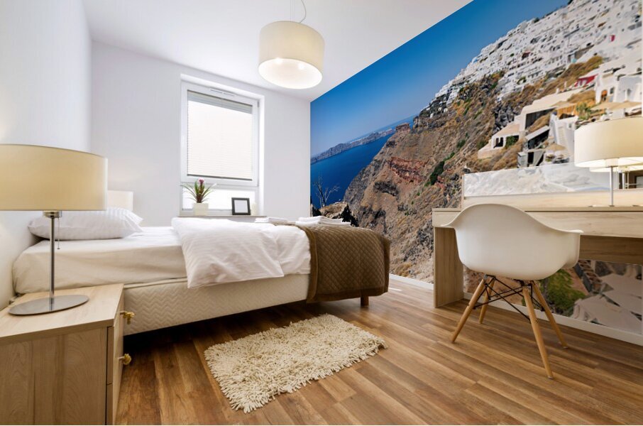 Picturesque Santorini: white village blue sea volcanic cliffs. Mural print