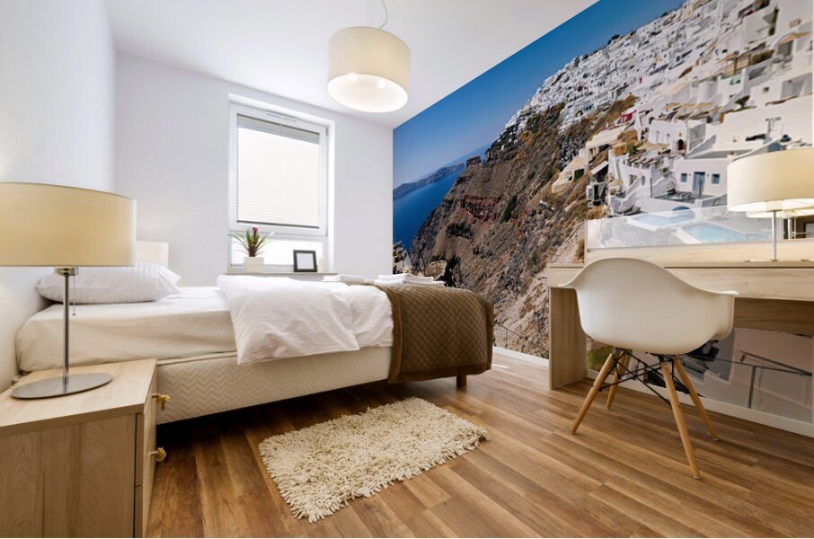 Santorinis white cliffside village and caldera view. Mural print