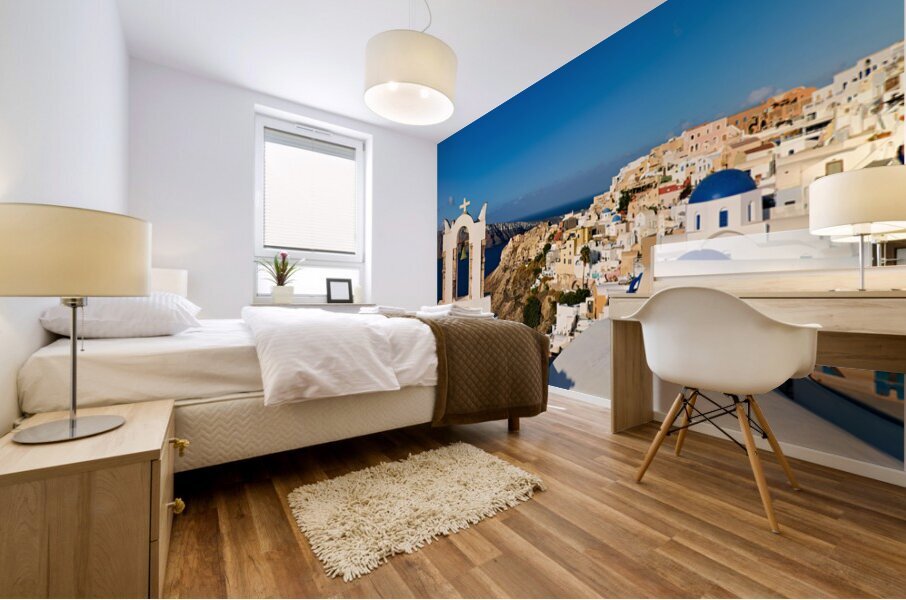 Santorini village with church bell tower overlooking caldera. Impression murale