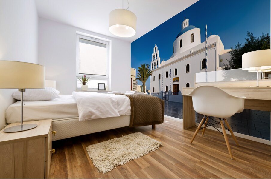 Beautiful white church blue dome palm tree clear sky. Mural print