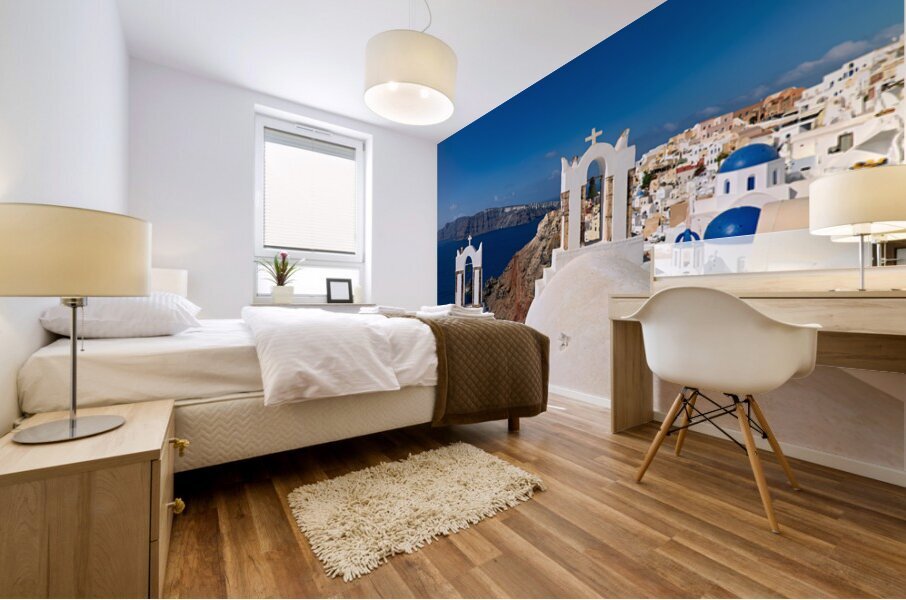 Santorinis iconic white churches blue domes and caldera view. Mural print