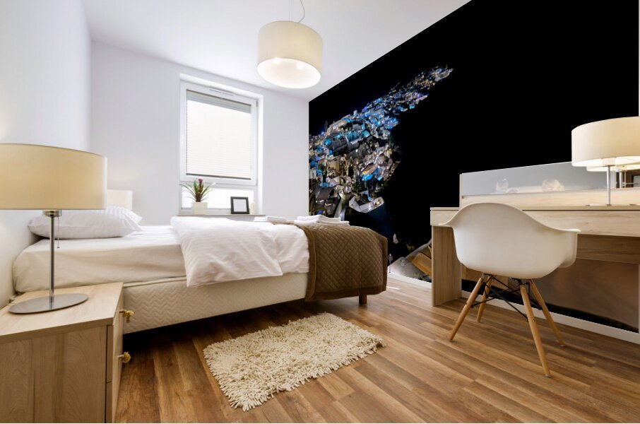 Illuminated cliffside town at night couple enjoying dinner. Mural print