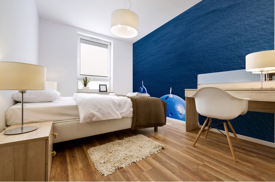 Santorinis blue domes and caldera view. Mural print