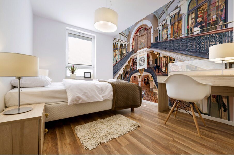 Elegant Victorian shopping arcade with clock tower and shoppers. Mural print