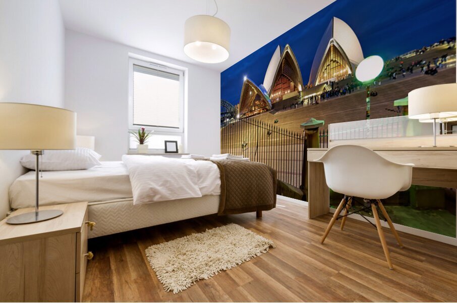 Sydney Opera House illuminated at dusk with crowds on steps. Mural print