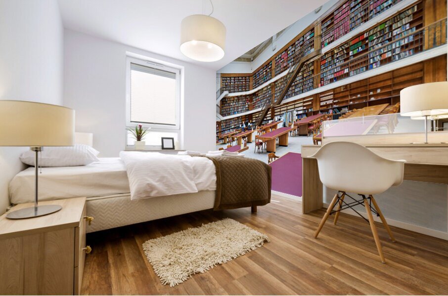 Grand library in Sydney with tall bookshelves and study areas Mural print