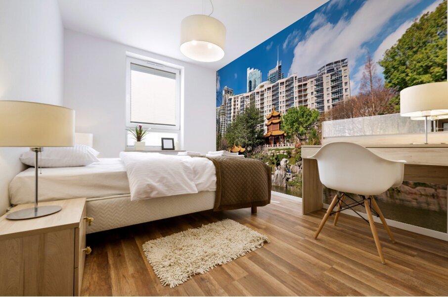 Chinese garden with pagodas and modern buildings Mural print