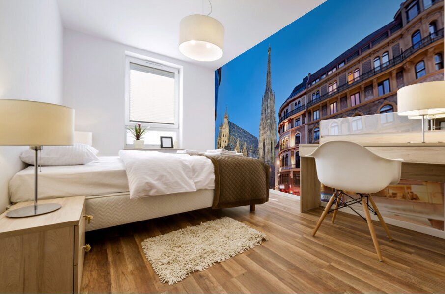 St. Stephens Cathedral at dusk in bustling Vienna. Mural print