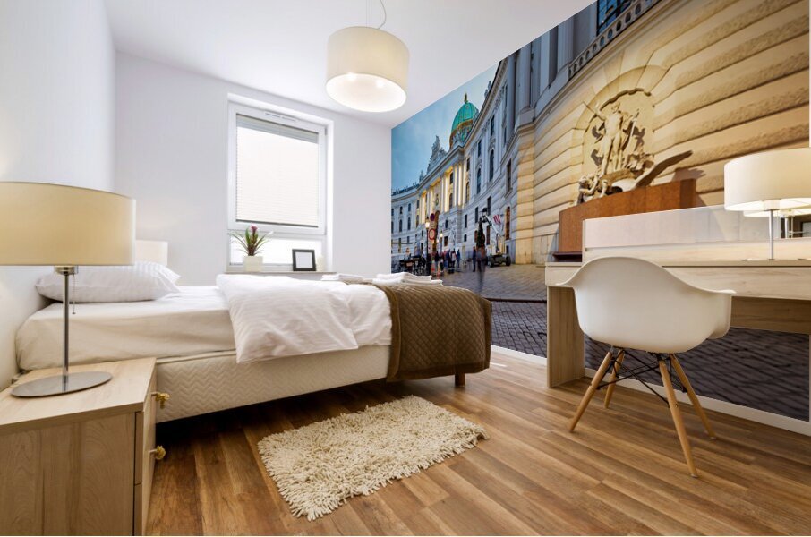 Illuminated Hofburg Palace Vienna with people and horse carria Mural print