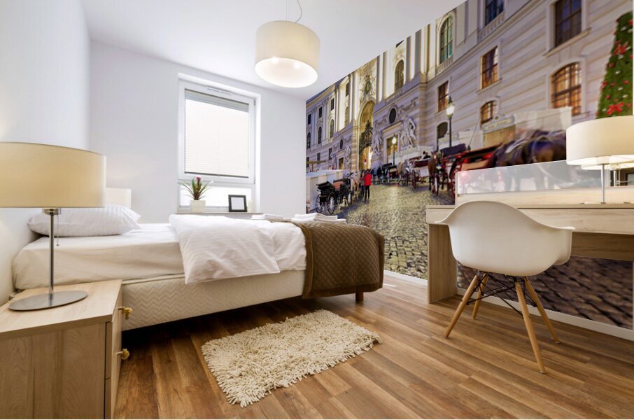 Hofburg Palace Vienna at night with horse drawn carriages. Mural print