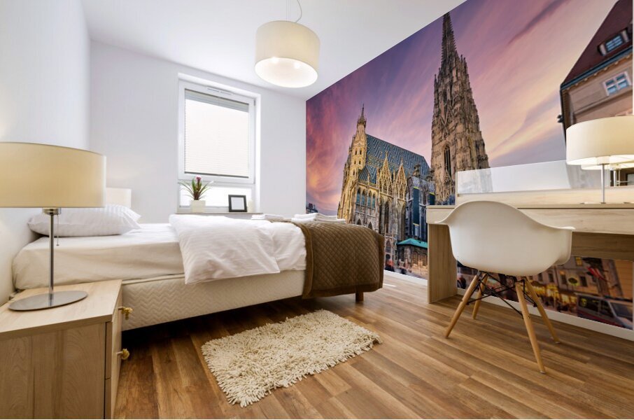Majestic St. Stephens Cathedral in Vienna under a colorful sky. Mural print