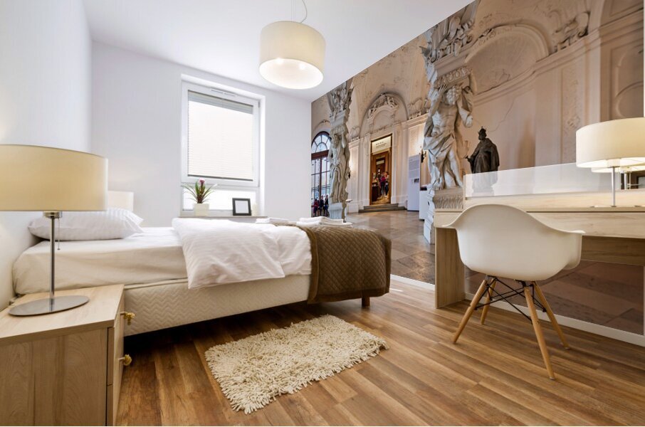 Ornate Baroque hall with sculptures and visitors. Mural print