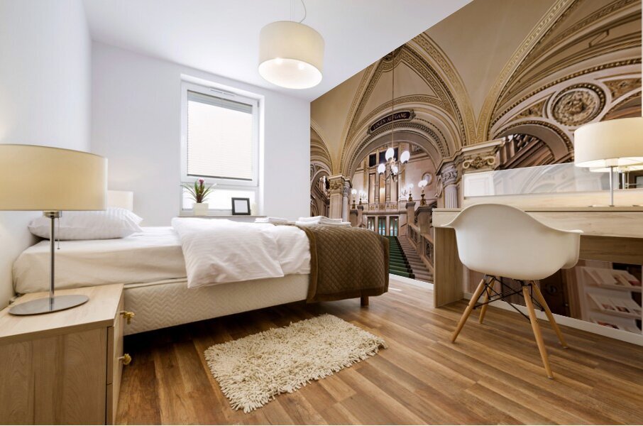 Majestic staircase with green carpet in an ornate hall. Mural print