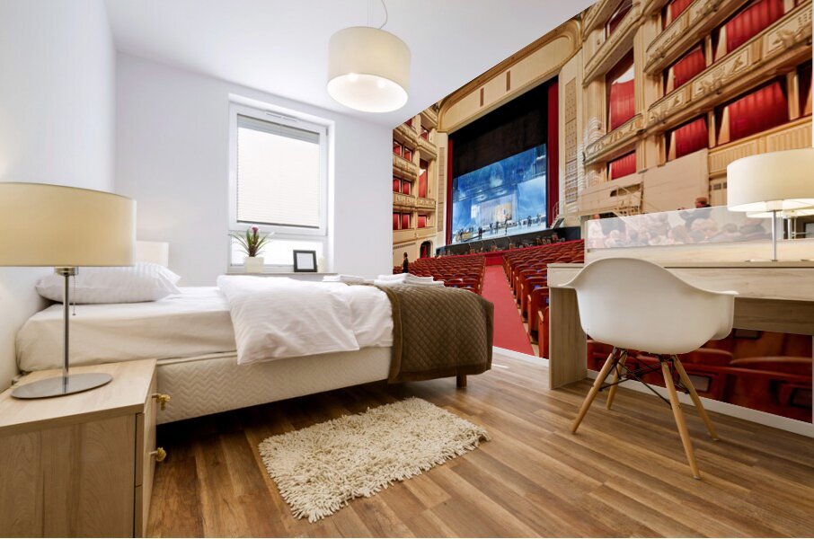 Ornate opera house interior with stage crew and audience. Mural print