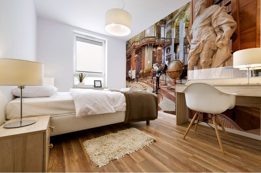 Ornate library interior with towering bookshelves statues glob Mural print