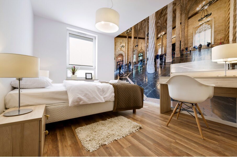 Visitors explore Lonja de la Seda in Valencia Spain Mural print