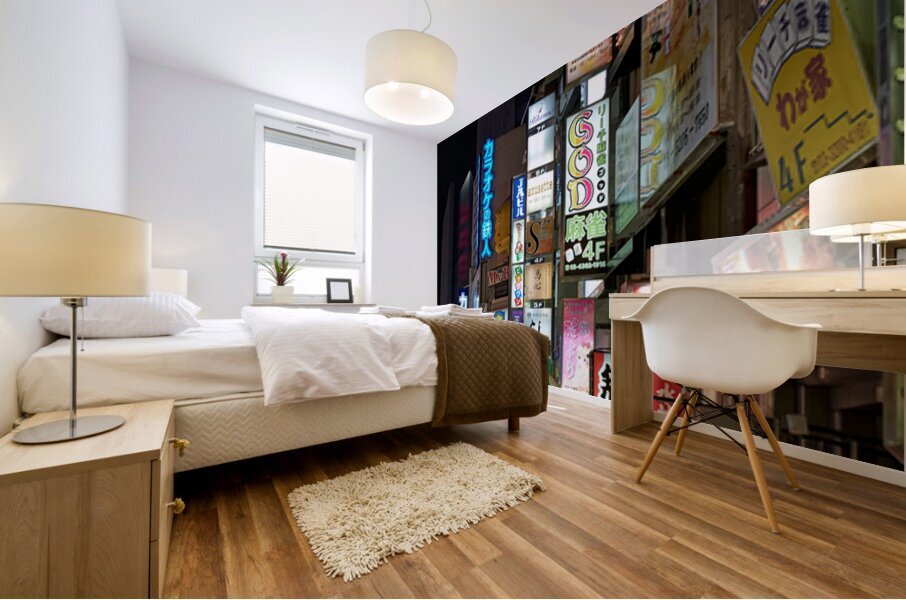 Neon lights illuminate Shinjuku district streets in Tokyo at nig Impression murale