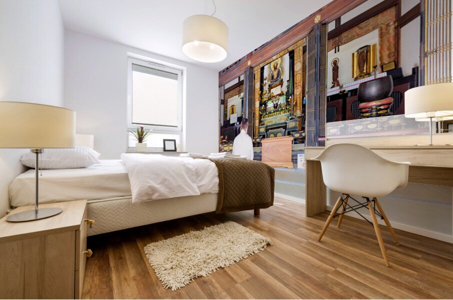 Man prays at Senso ji temple in Asakusa Tokyo Japan Mural print