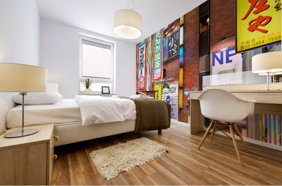Nighttime crowd under neon lights in Shibuya district in Tokyo Mural print