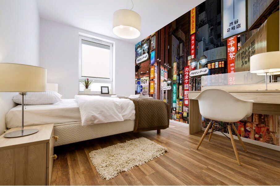 Neon lights shine bright in Shibuya district at night in Tokyo Mural print