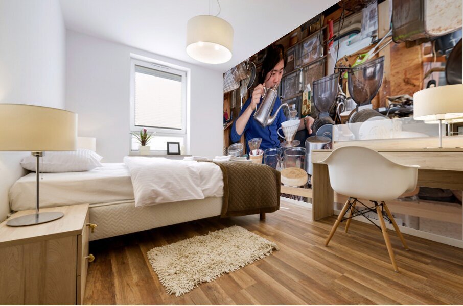 Street stall in Tokyo serving coffee and tea to customers Mural print