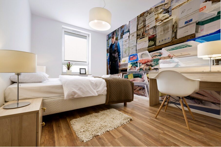 Fish market in Tokyo shows variety of seafood and local seller Mural print