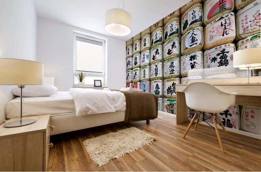 Sake barrels lined up at Meiji Jingu in Tokyo Japan Mural print