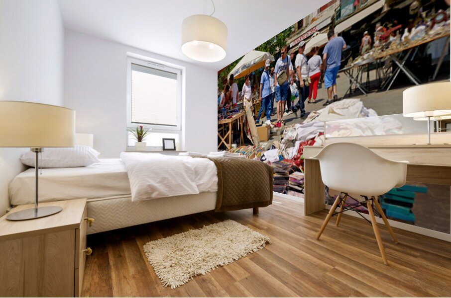 People walk around the bustling flea market at Monastiraki Mural print