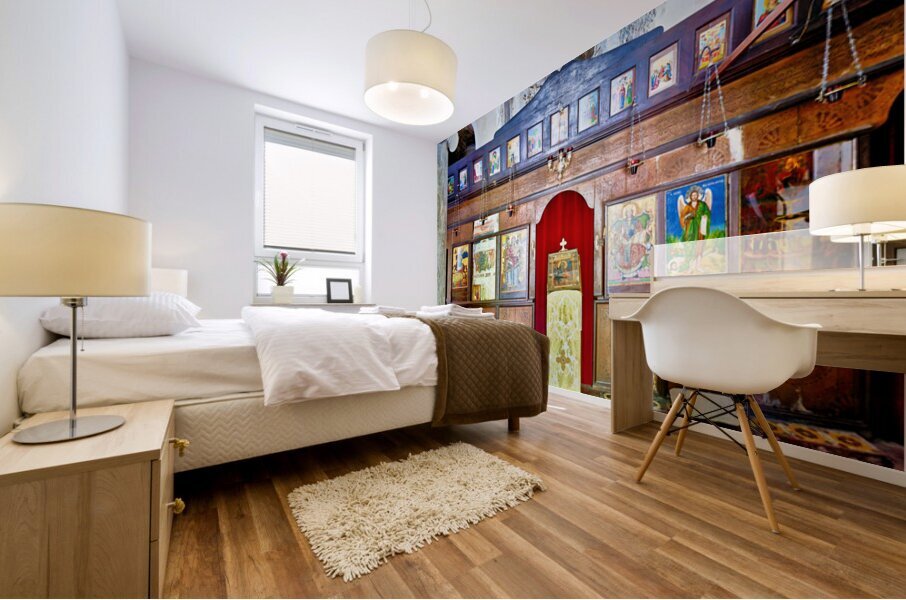 Old church interior with icons and altar in quiet setting Mural print