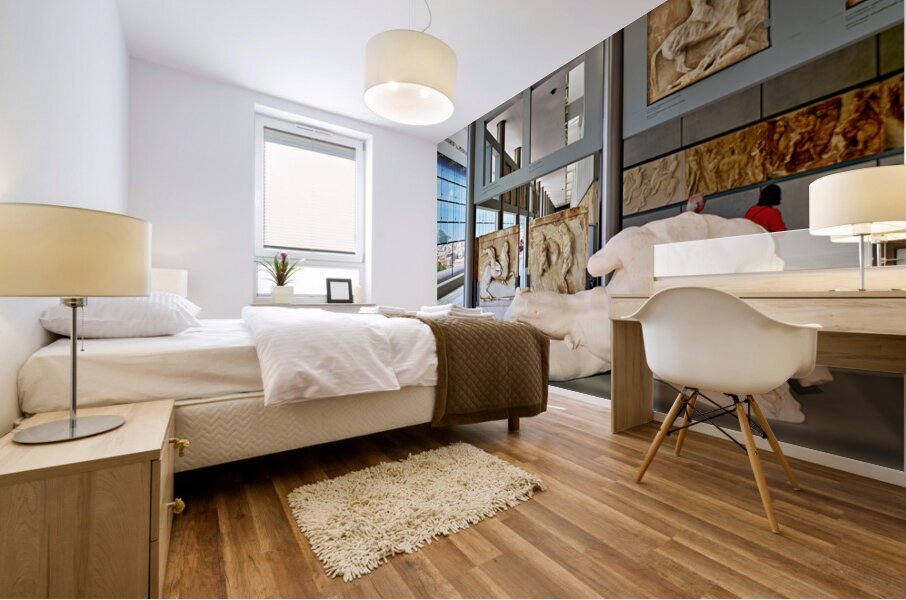 Visitors explore sculptures at Acropolis Museum in Athens Greece Mural print