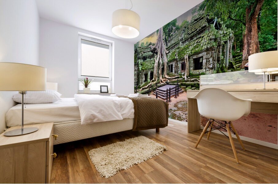 Ancient temple ruins overgrown by massive tree roots and moss. Mural print