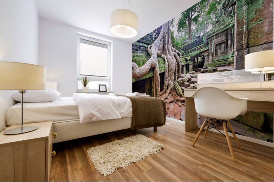 Massive tree roots engulfing ancient moss covered temple ruins. Mural print