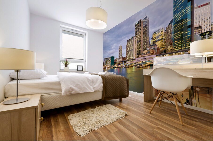 Sydney Harbour at dusk with ferries and city skyline. Mural print