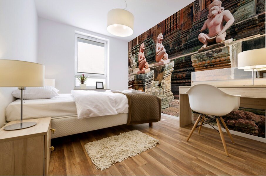 Ancient temple with guardian statues and ornate carvings. Mural print