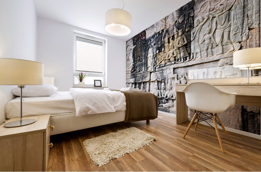 Ancient stone bas reliefs depicting figures and decorative eleme Mural print