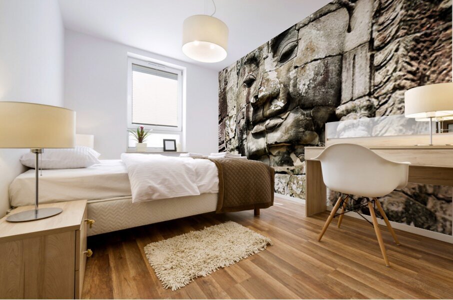 Serene stone face carving Bayon temple Angkor. Mural print