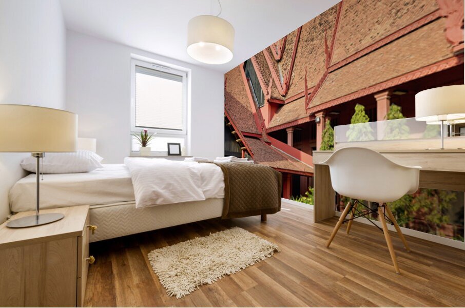 Monk walks through traditional Cambodian temple garden. Mural print