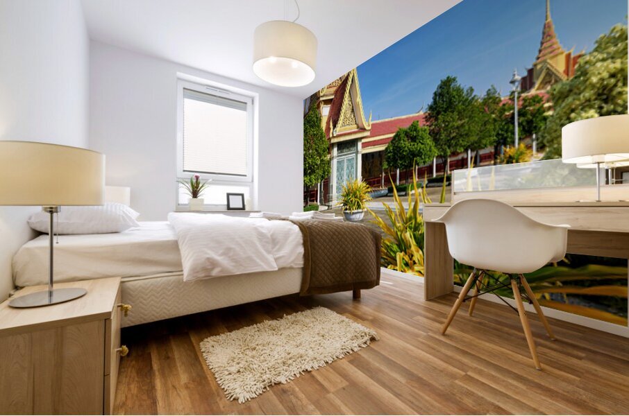 Golden temple green trees and birds under a blue sky. Mural print