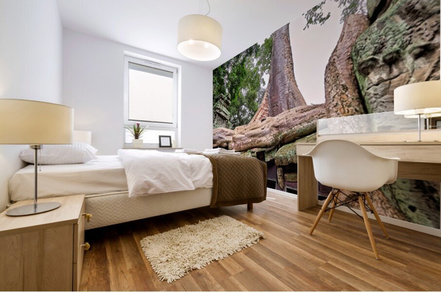 Giant tree roots engulf ancient temple ruins. Mural print